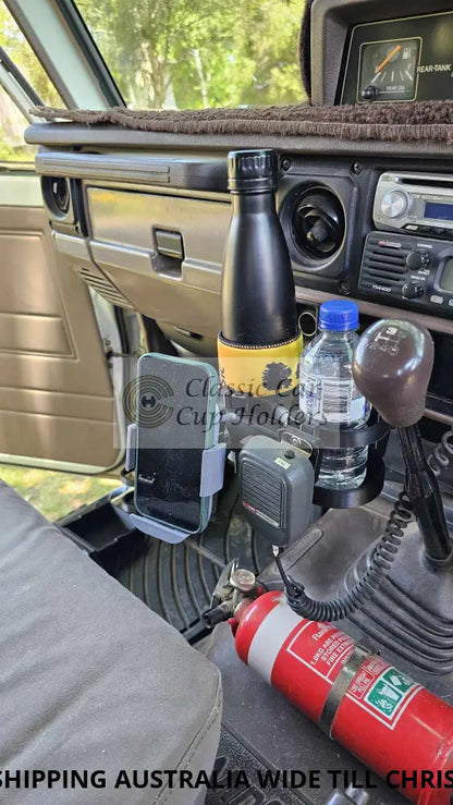 70 To 79 Series Landcruiser Dual Cup\Mic Holder With Tray Cup/Mic With ’Tuff’ Phone Holder. Cup